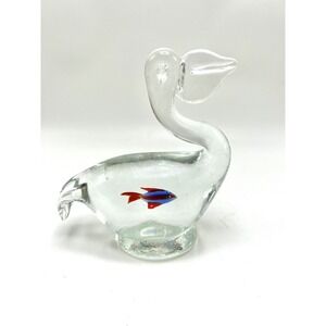 Hand Blown Art Glass 6" Pelican With Fish in Belly Paper Weight / Figurine